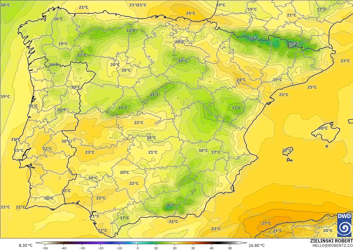 ICON model - Spain, Temperature at 850hPa