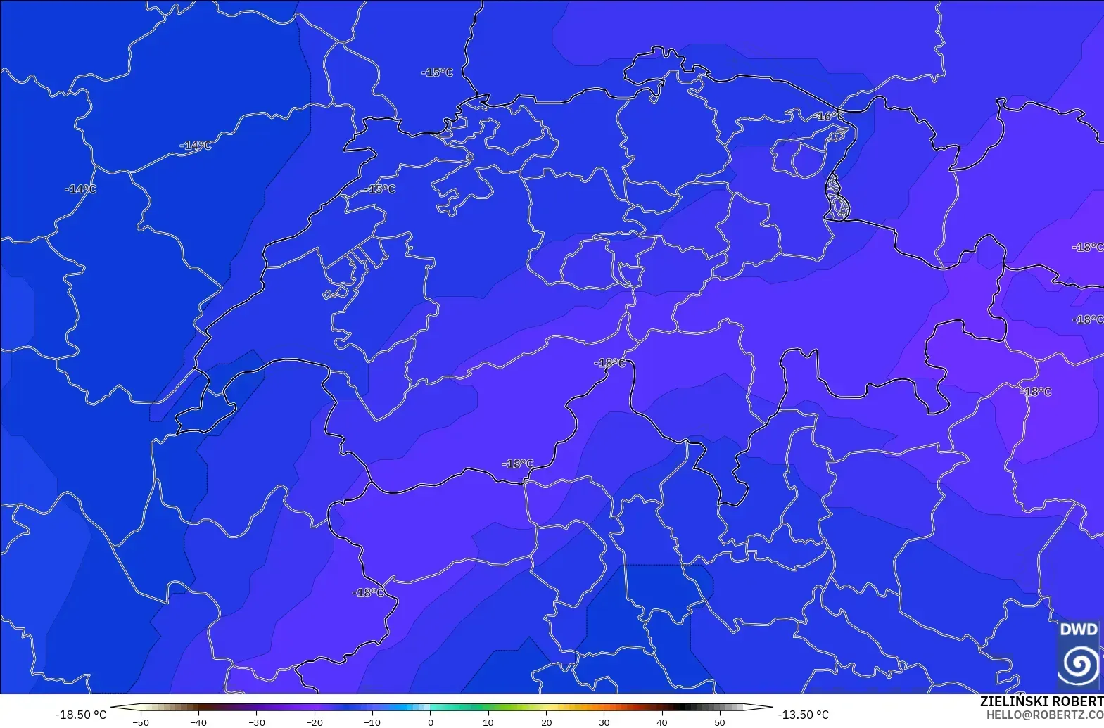 ICON model - Switzerland, Temperature at 500hPa