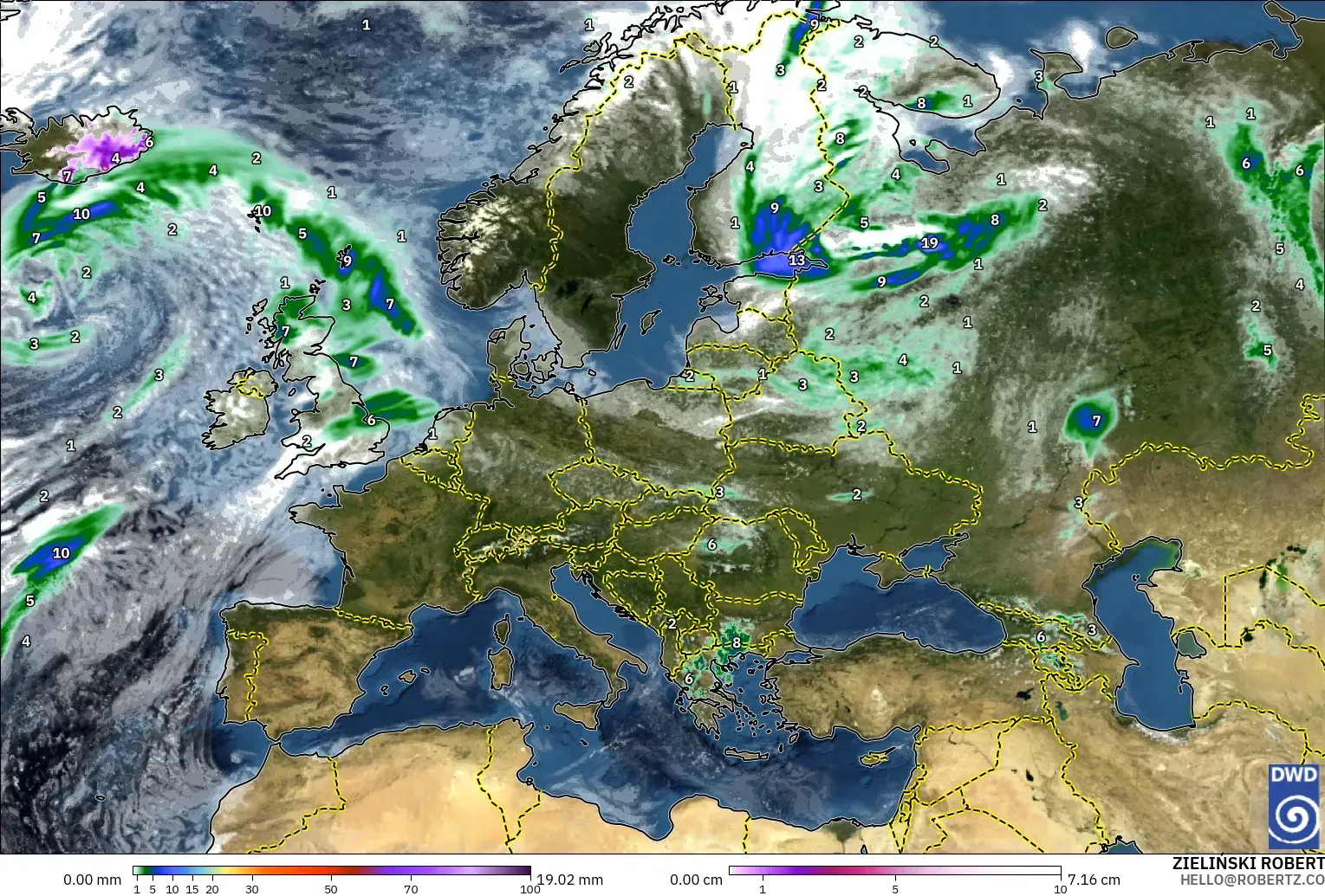 ICON model - Europe, Precipitation, Clouds, and Pressure