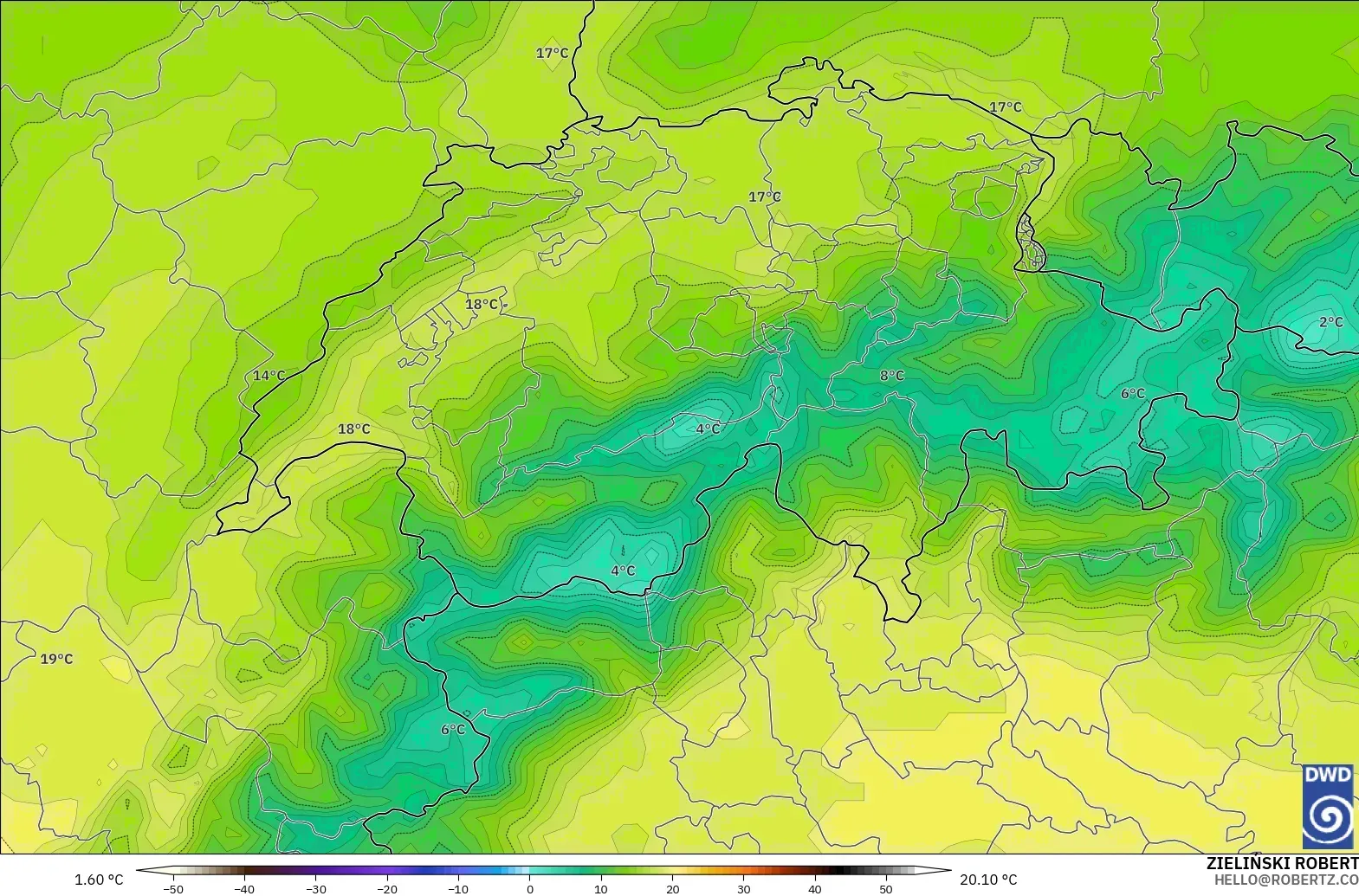 ICON model - Switzerland, Temperature at 850hPa