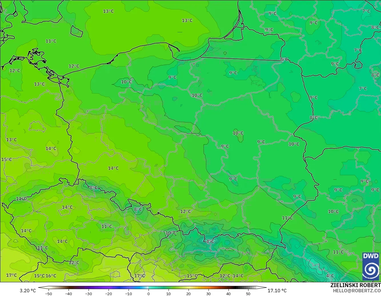 ICON model - Poland, Temperature at 850hPa