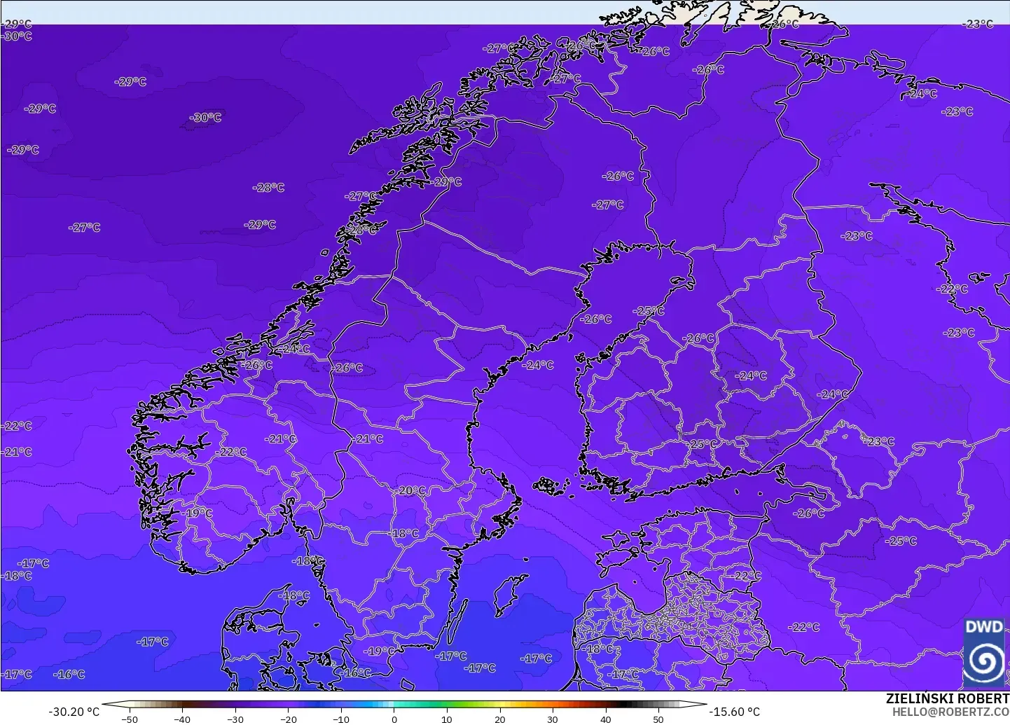 ICON model - Scandinavia, Temperature at 500hPa