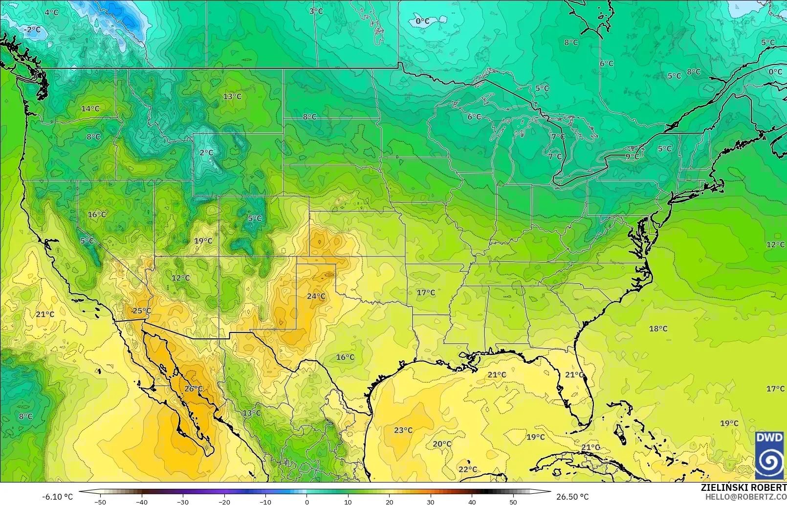 ICON model - United States, Temperature at 850hPa
