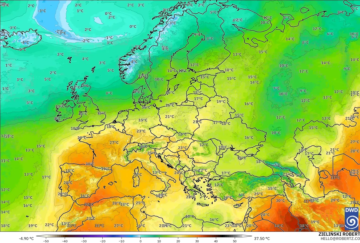 ICON model - Europe, Temperature at 850hPa