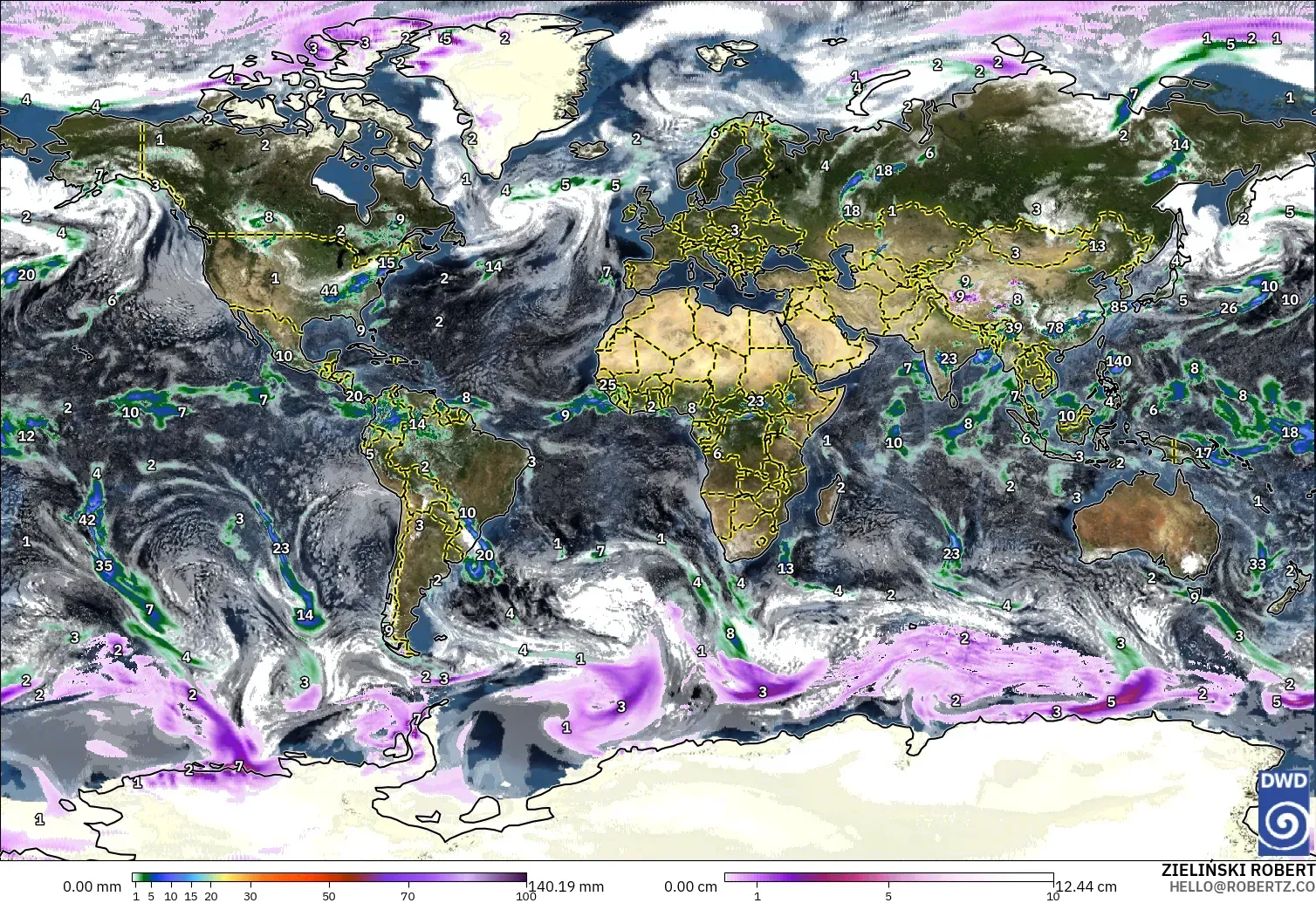 ICON model - World, Precipitation, Clouds, and Pressure