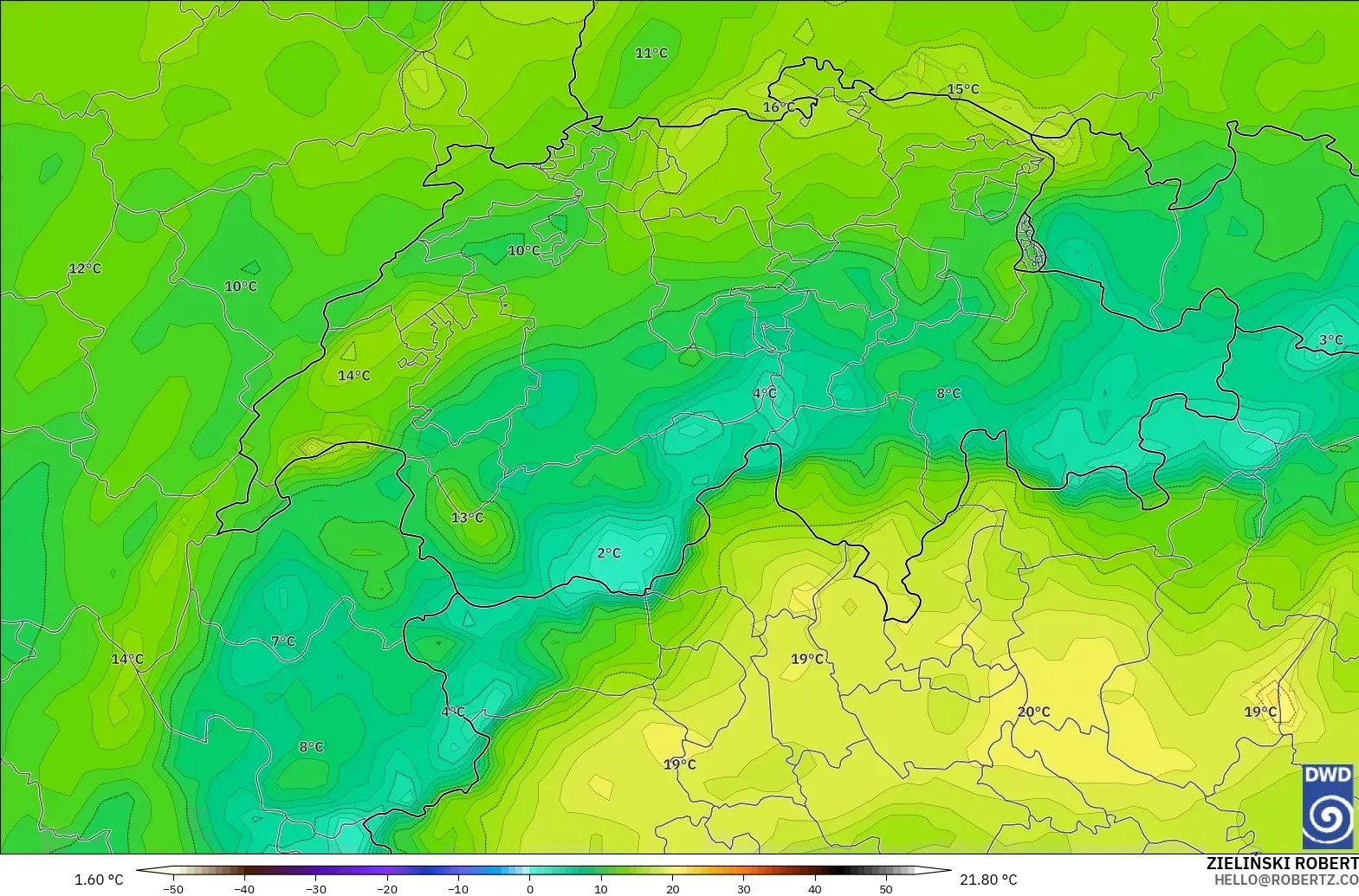 ICON model - Switzerland, Dewpoint at 2m