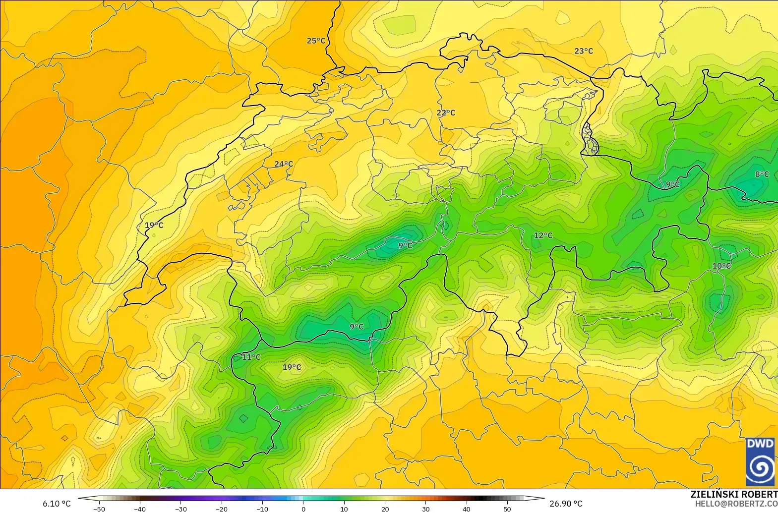 ICON model - Switzerland, Temperature at 850hPa