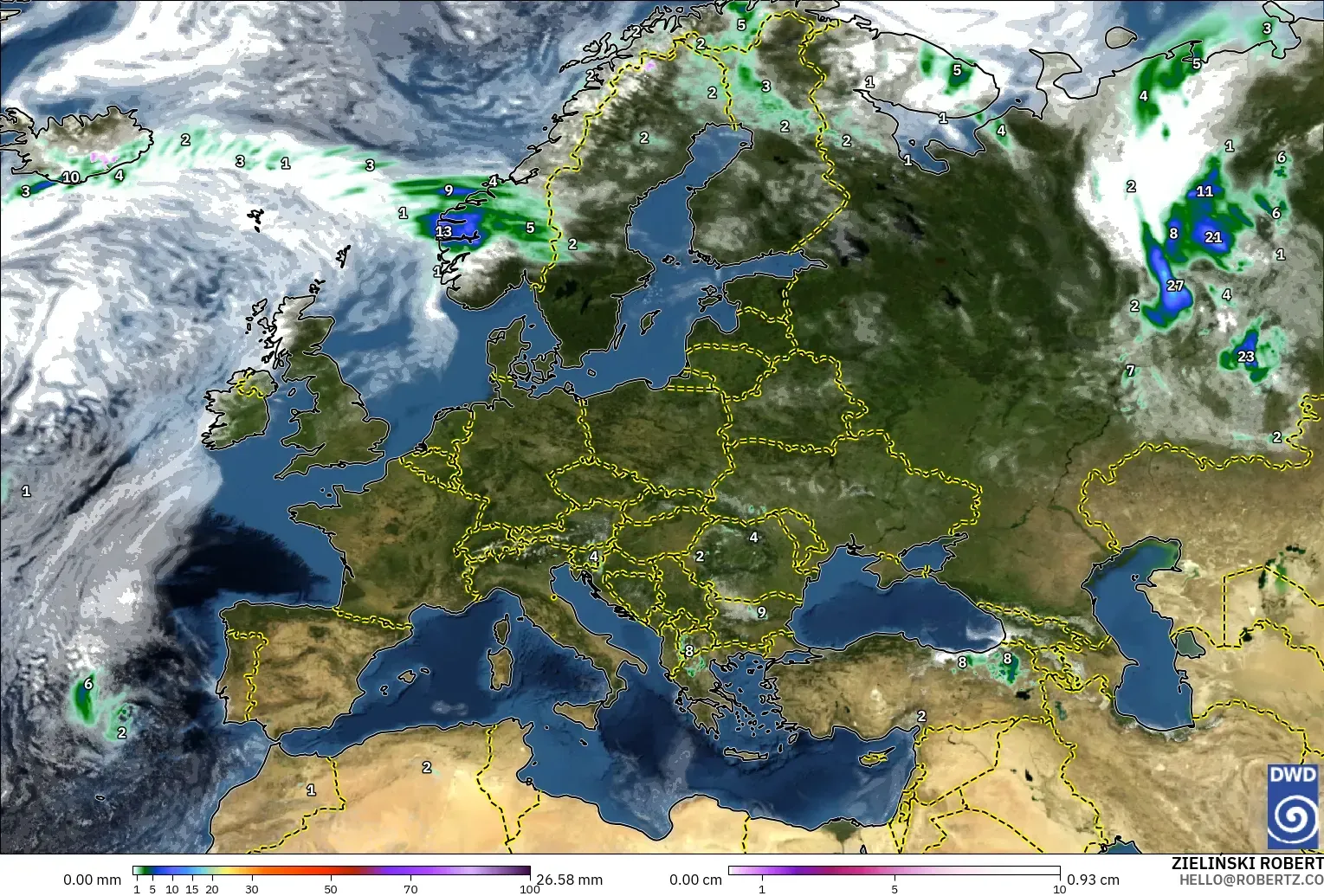 ICON model - Europe, Precipitation, Clouds, and Pressure