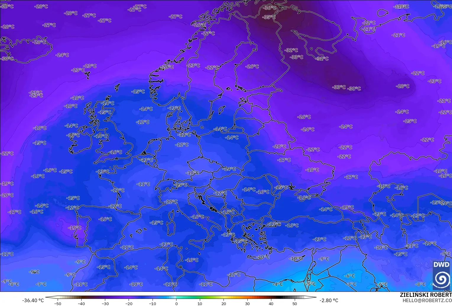 ICON model - Europe, Temperature at 500hPa