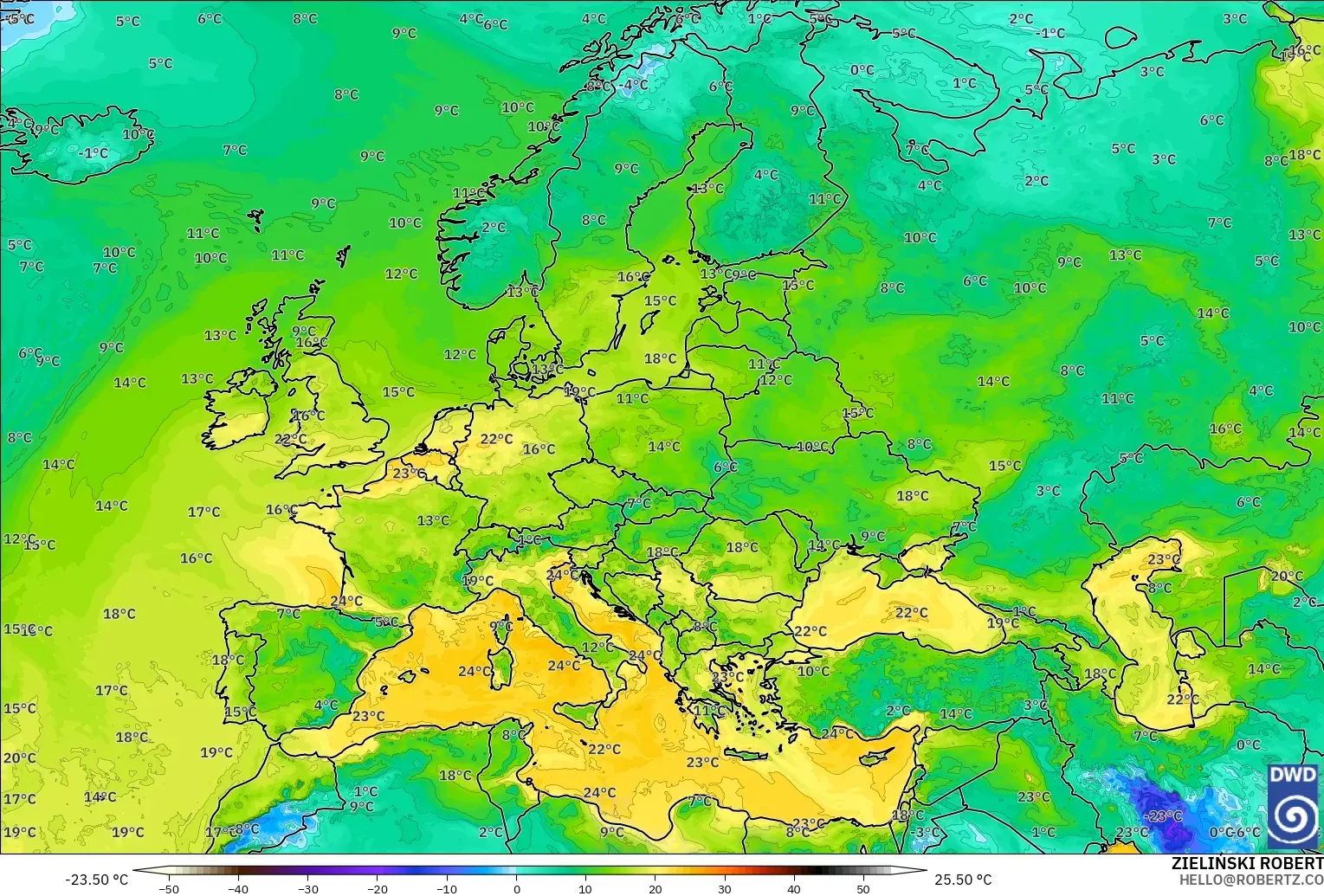 ICON model - Europe, Dewpoint at 2m