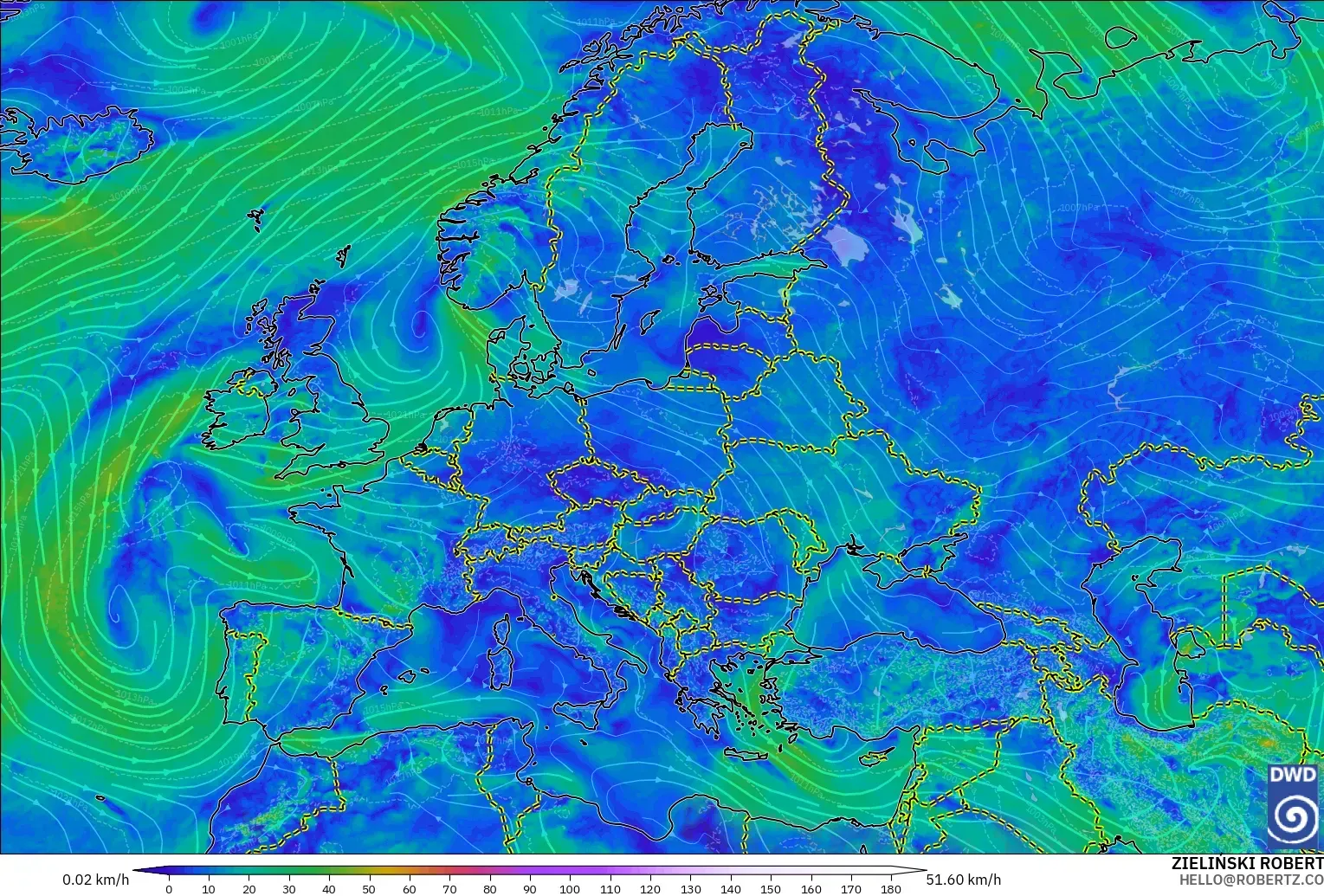 ICON model - Europe, Wind at 10m