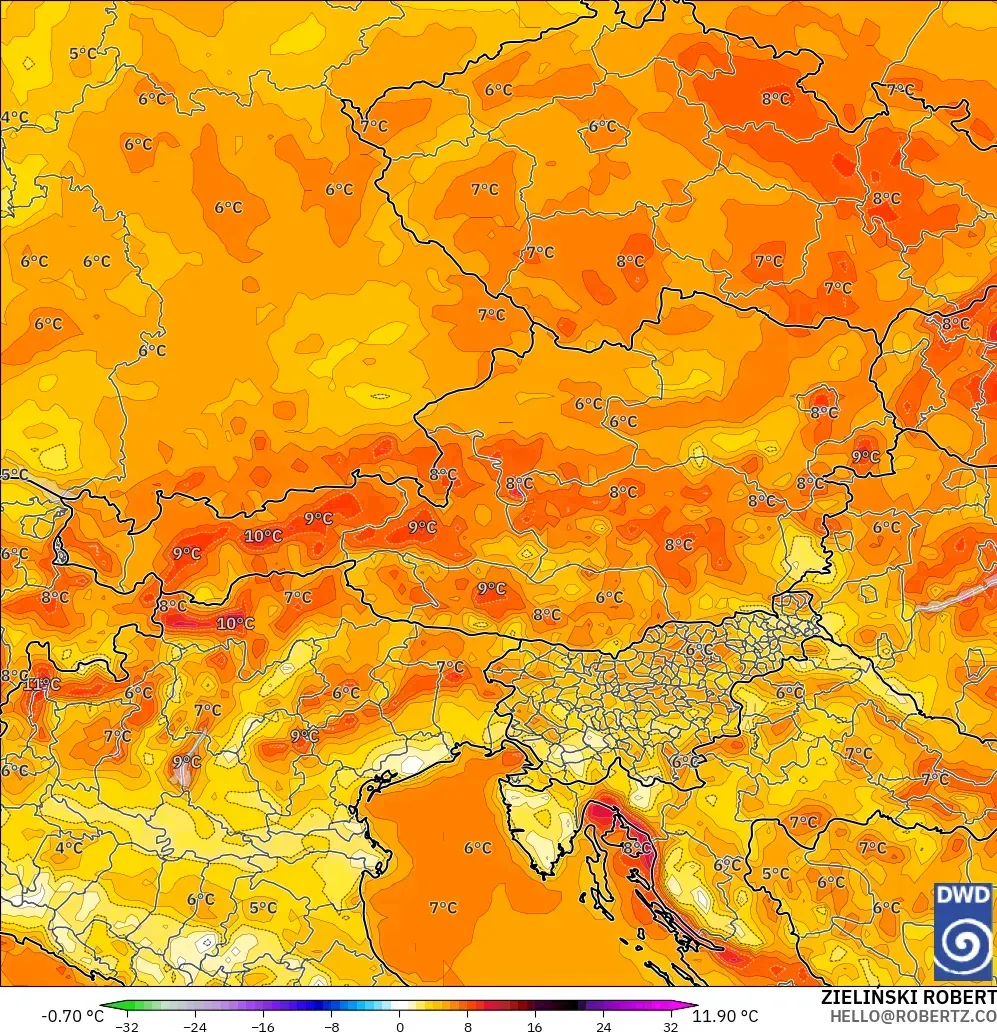 ICON model - Austria, Temperature at 2m Anomaly