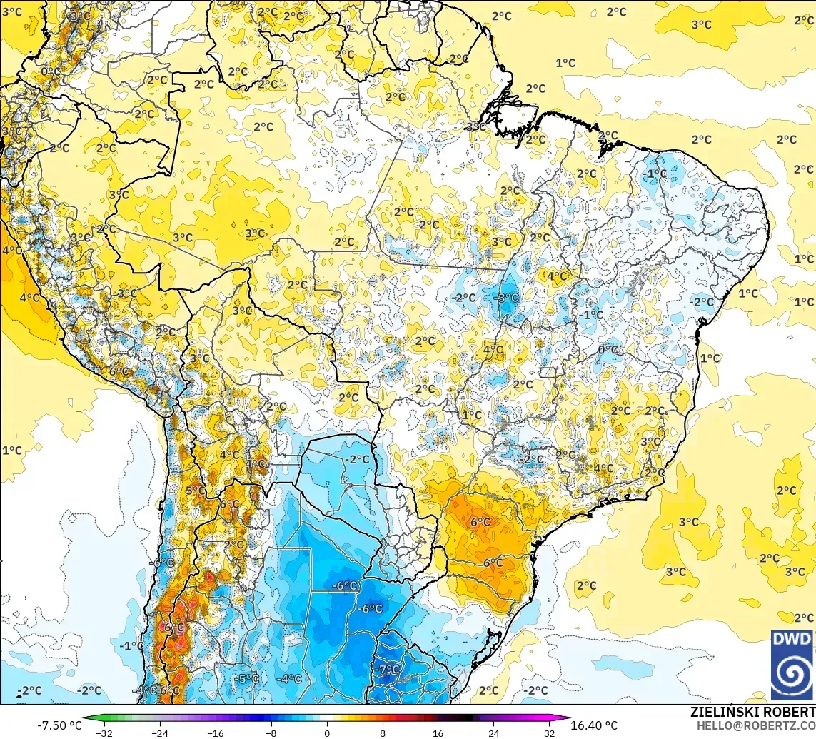 ICON model - Brazil, Temperature at 2m Anomaly