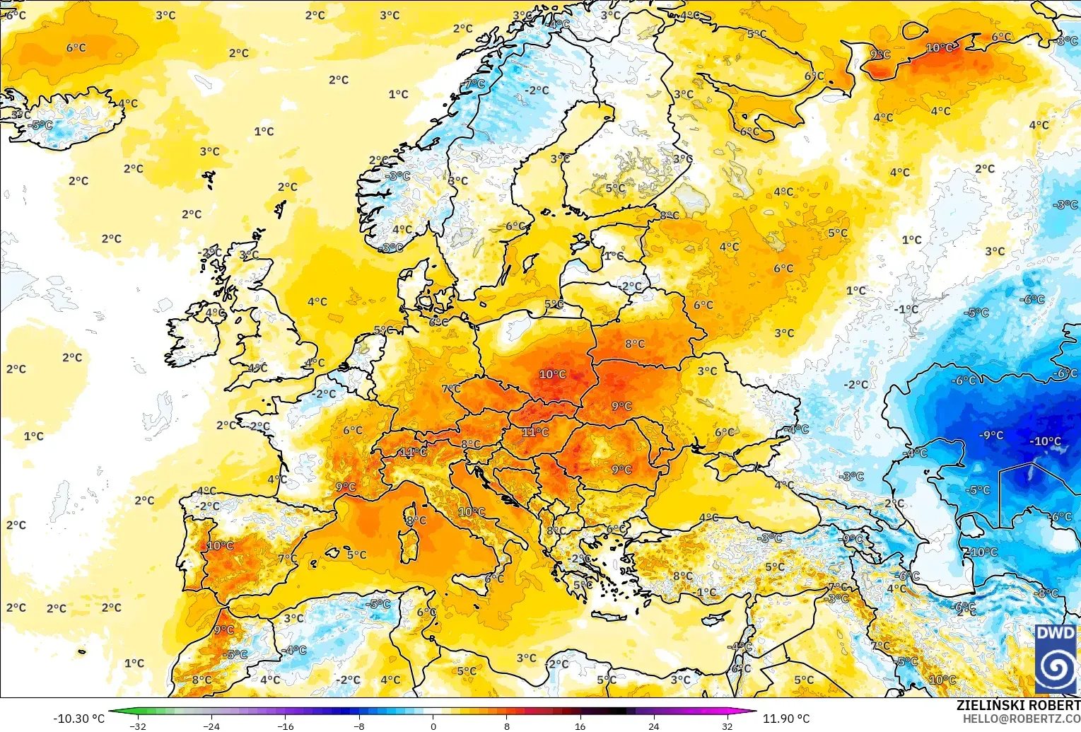 ICON model - Europe, Temperature at 2m Anomaly