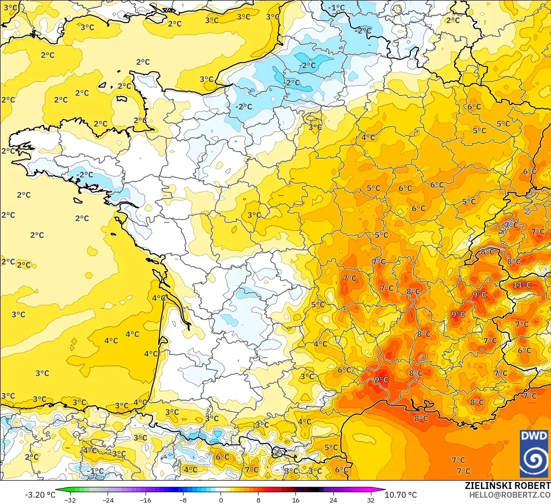 ICON model - France, Temperature at 2m Anomaly