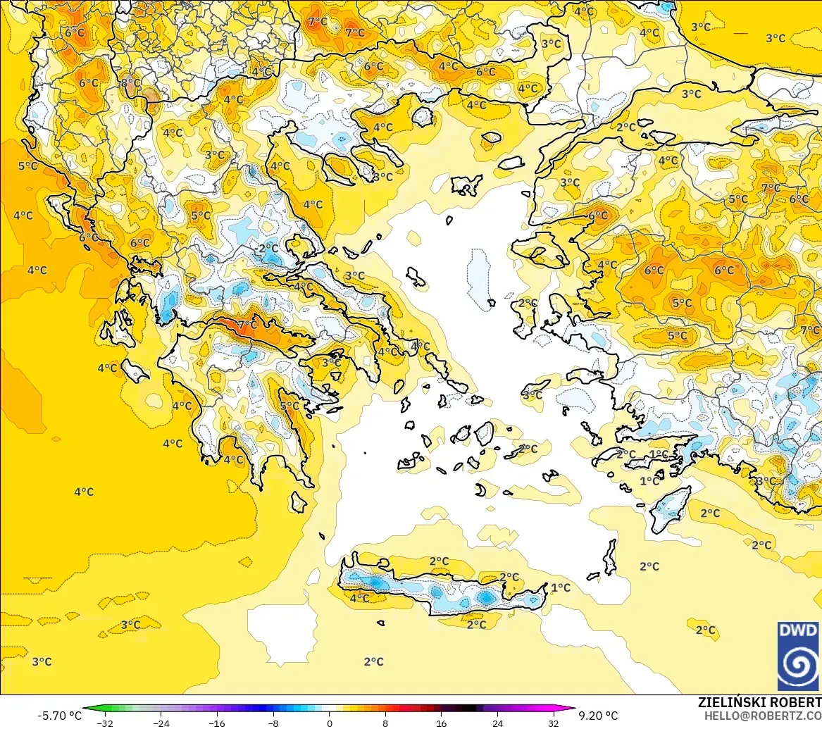 ICON model - Greece, Temperature at 2m Anomaly