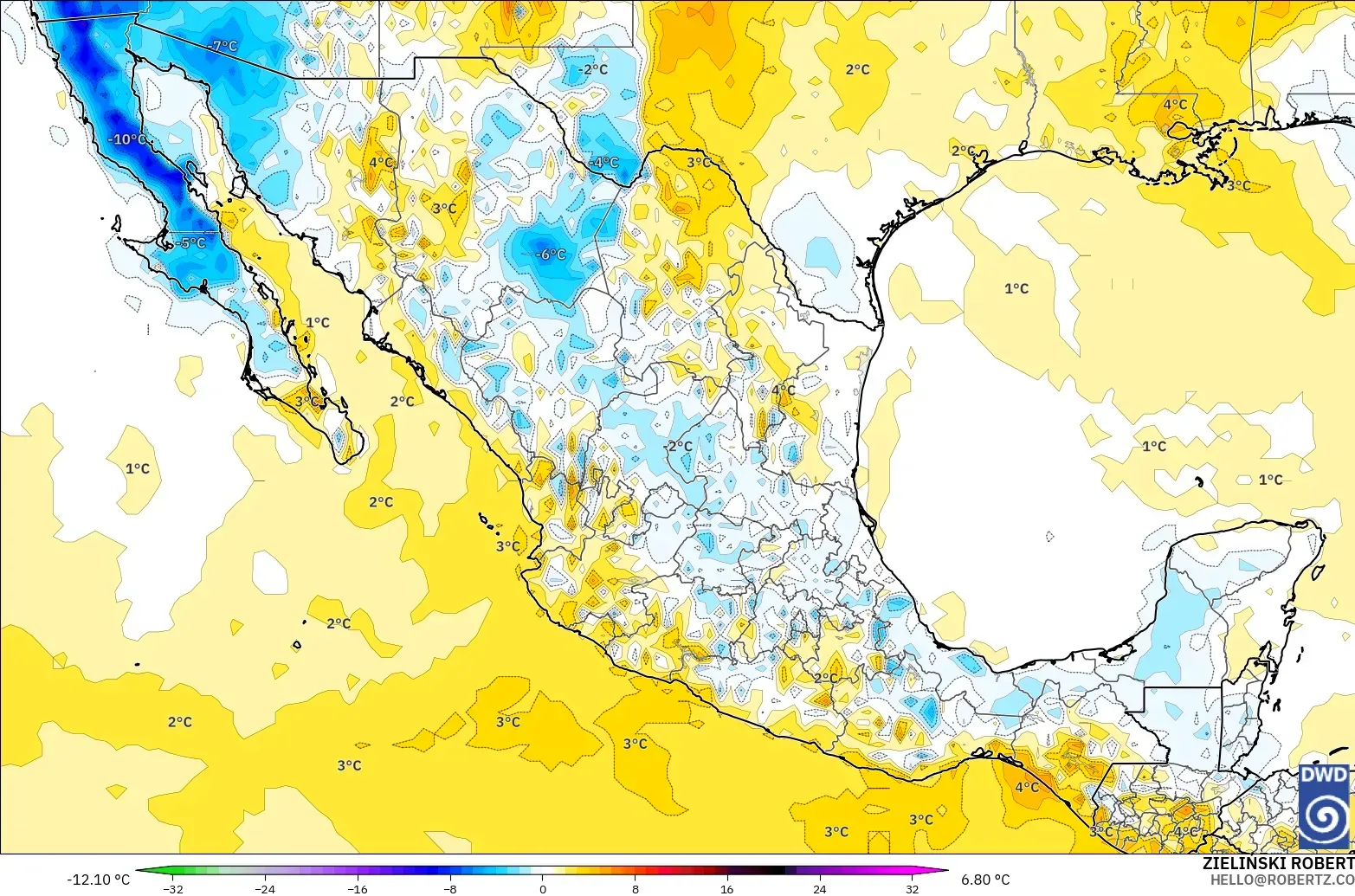 ICON model - Mexico, Temperature at 2m Anomaly