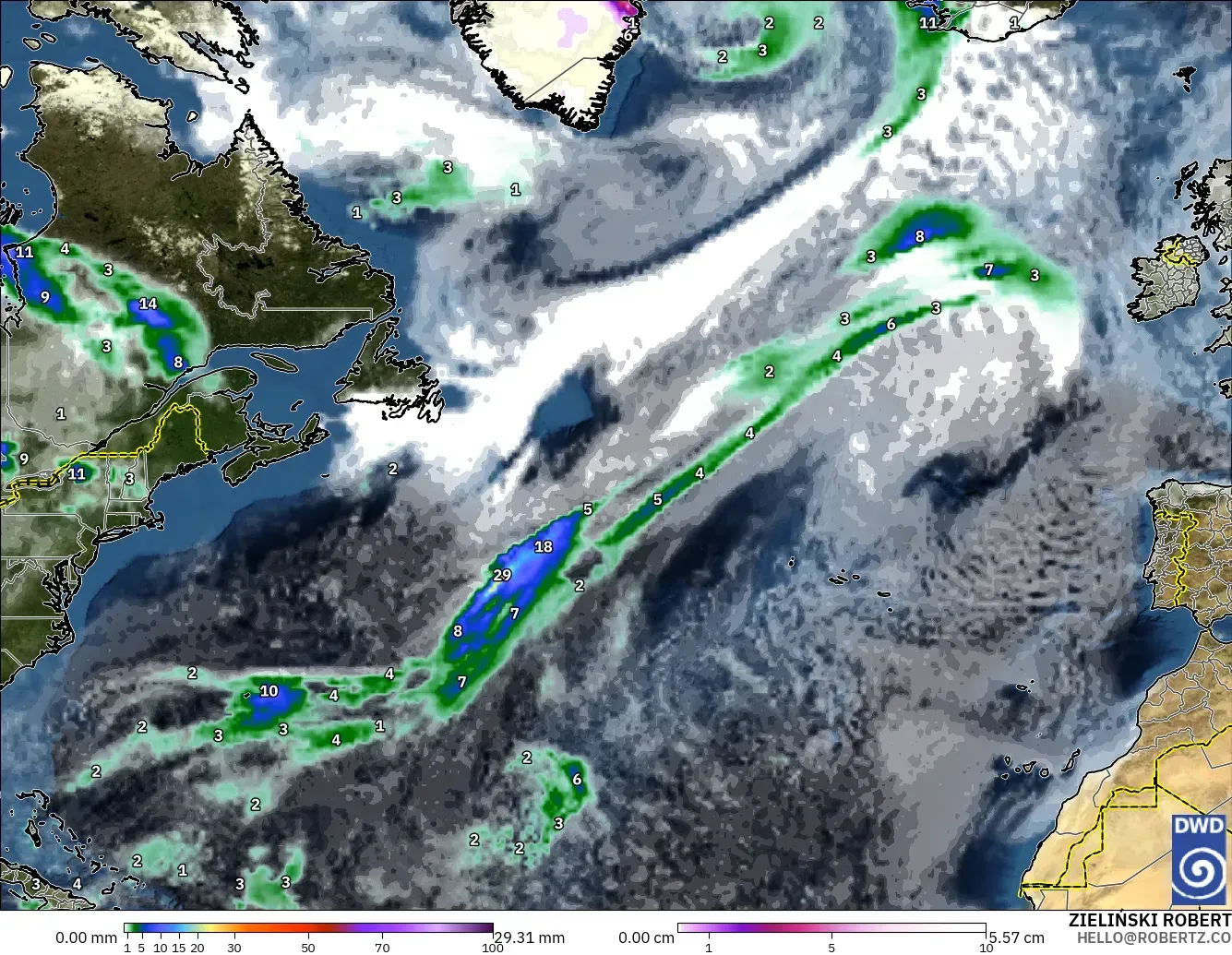 ICON model - North Atlantic, Precipitation, Clouds, and Pressure