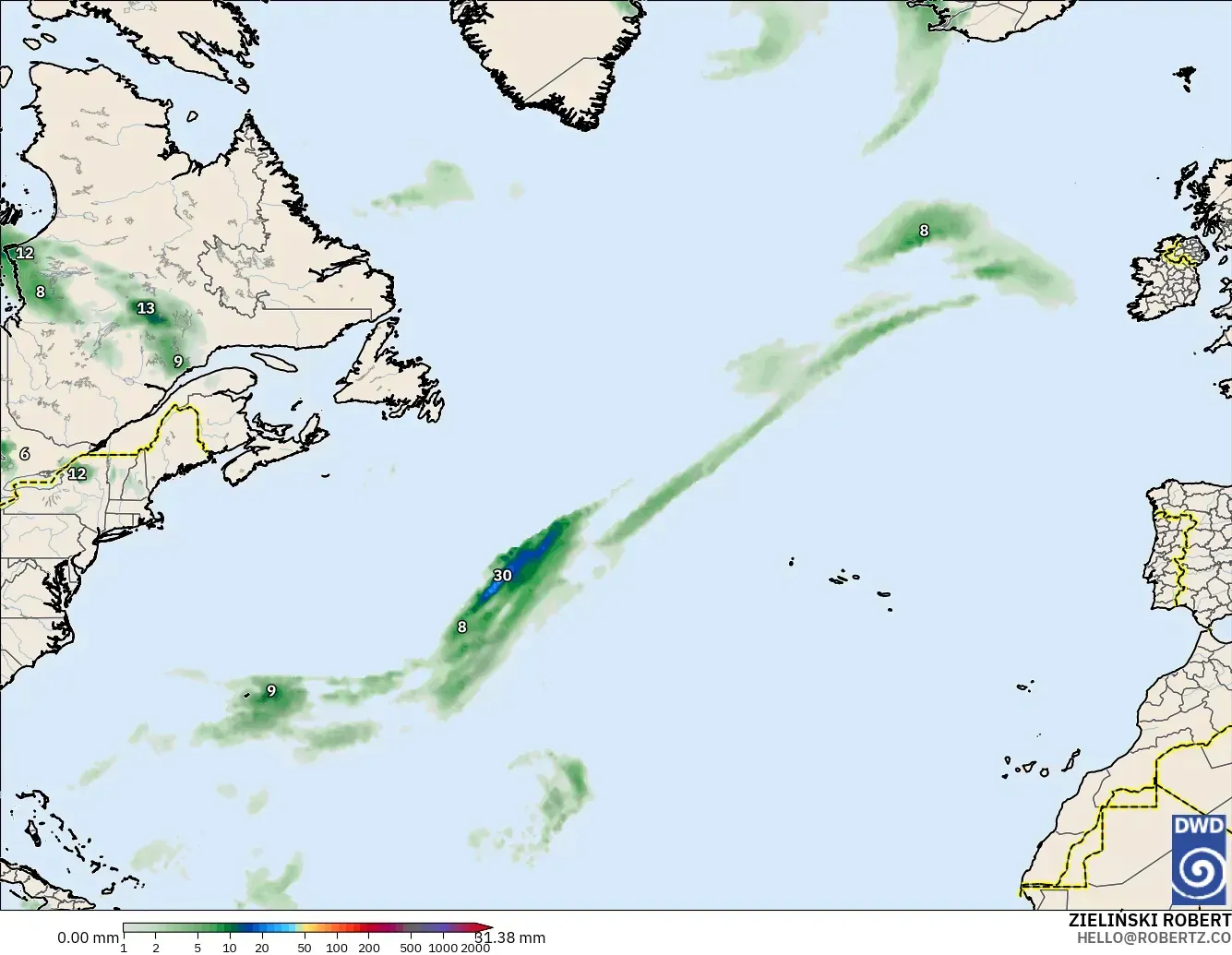 ICON model - North Atlantic, Precipitation Accumulation