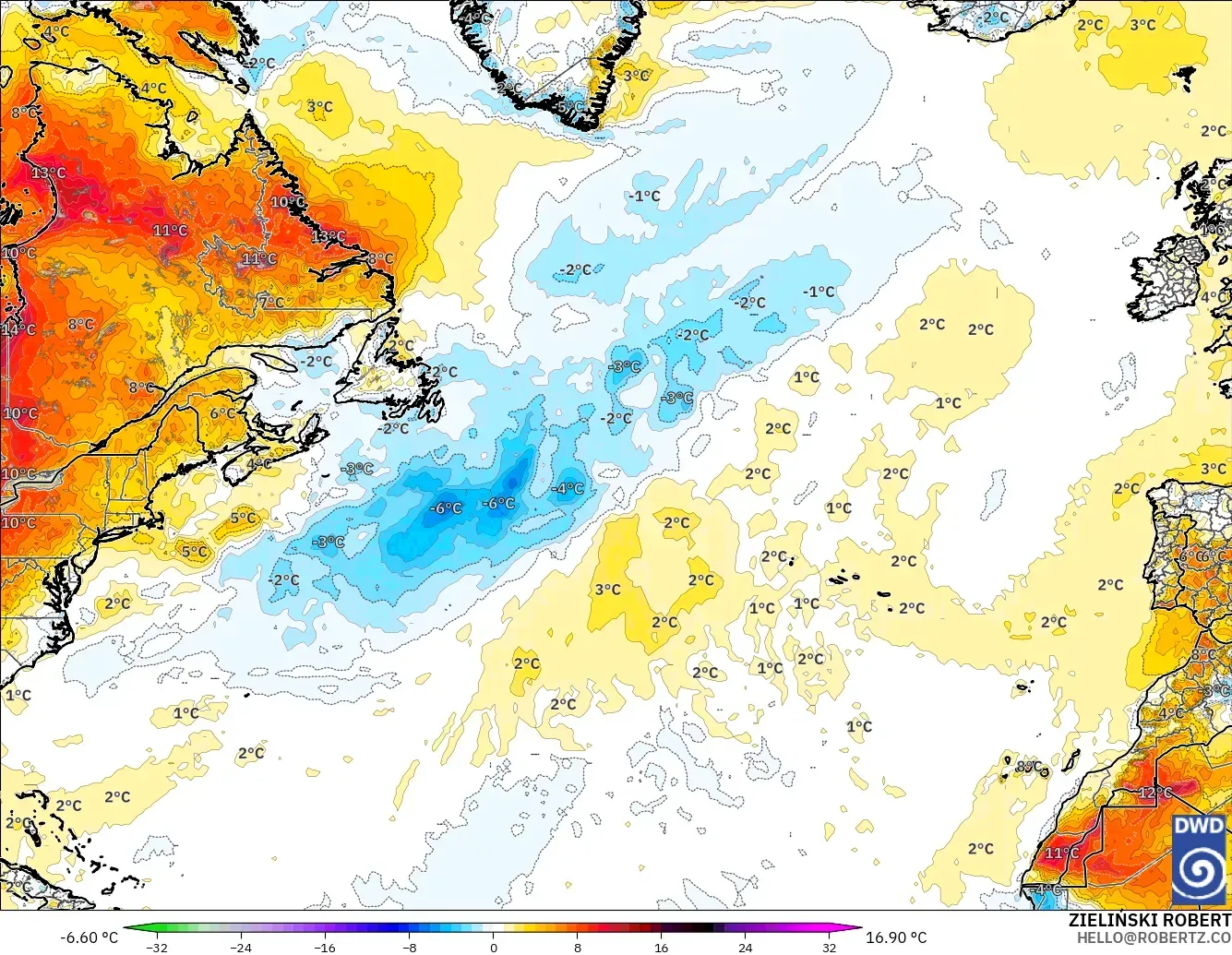ICON model - North Atlantic, Temperature at 2m Anomaly