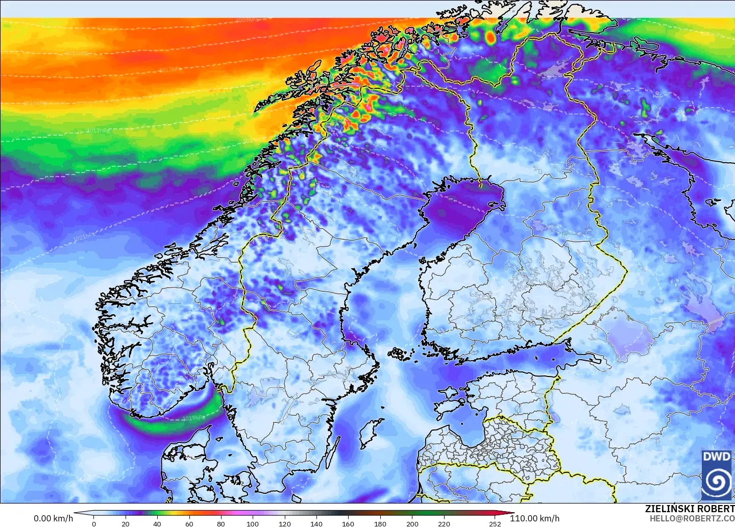 ICON model - Scandinavia, Wind Gusts Peak