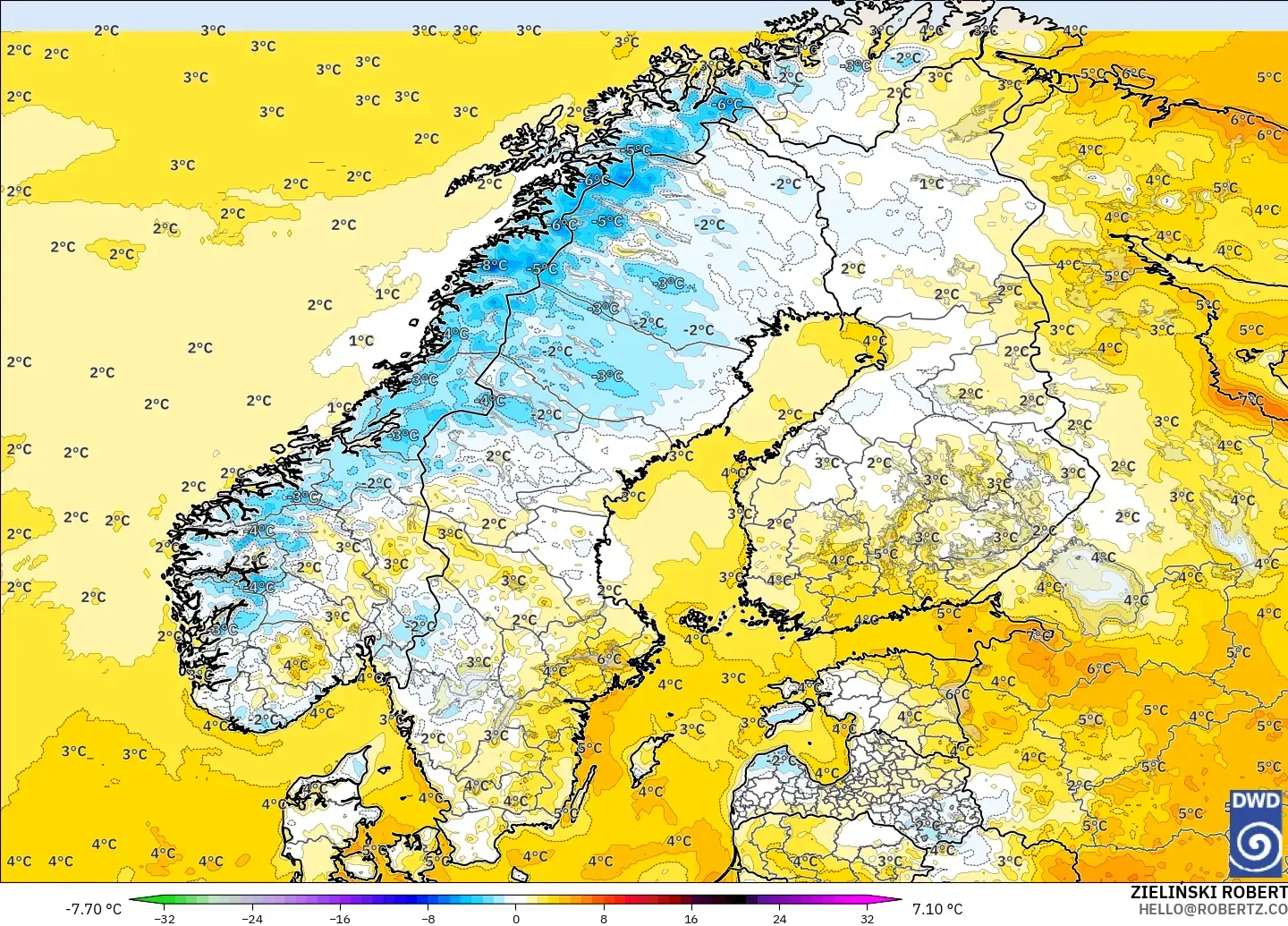 ICON model - Scandinavia, Temperature at 2m Anomaly