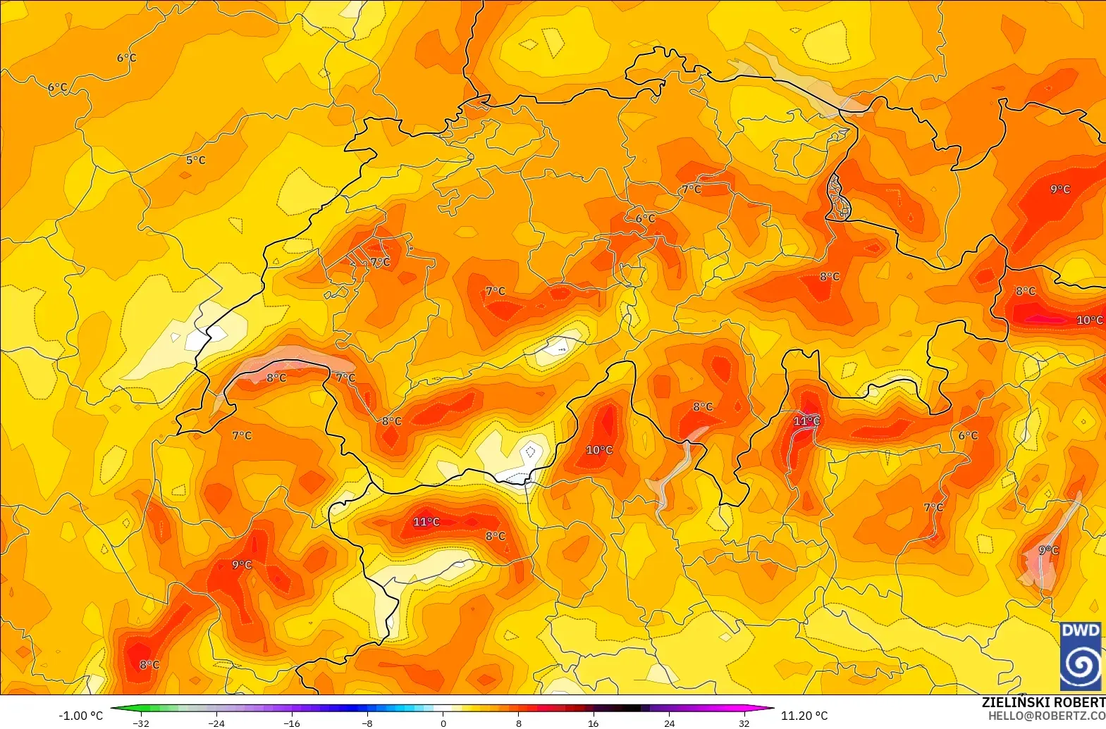 ICON model - Switzerland, Temperature at 2m Anomaly