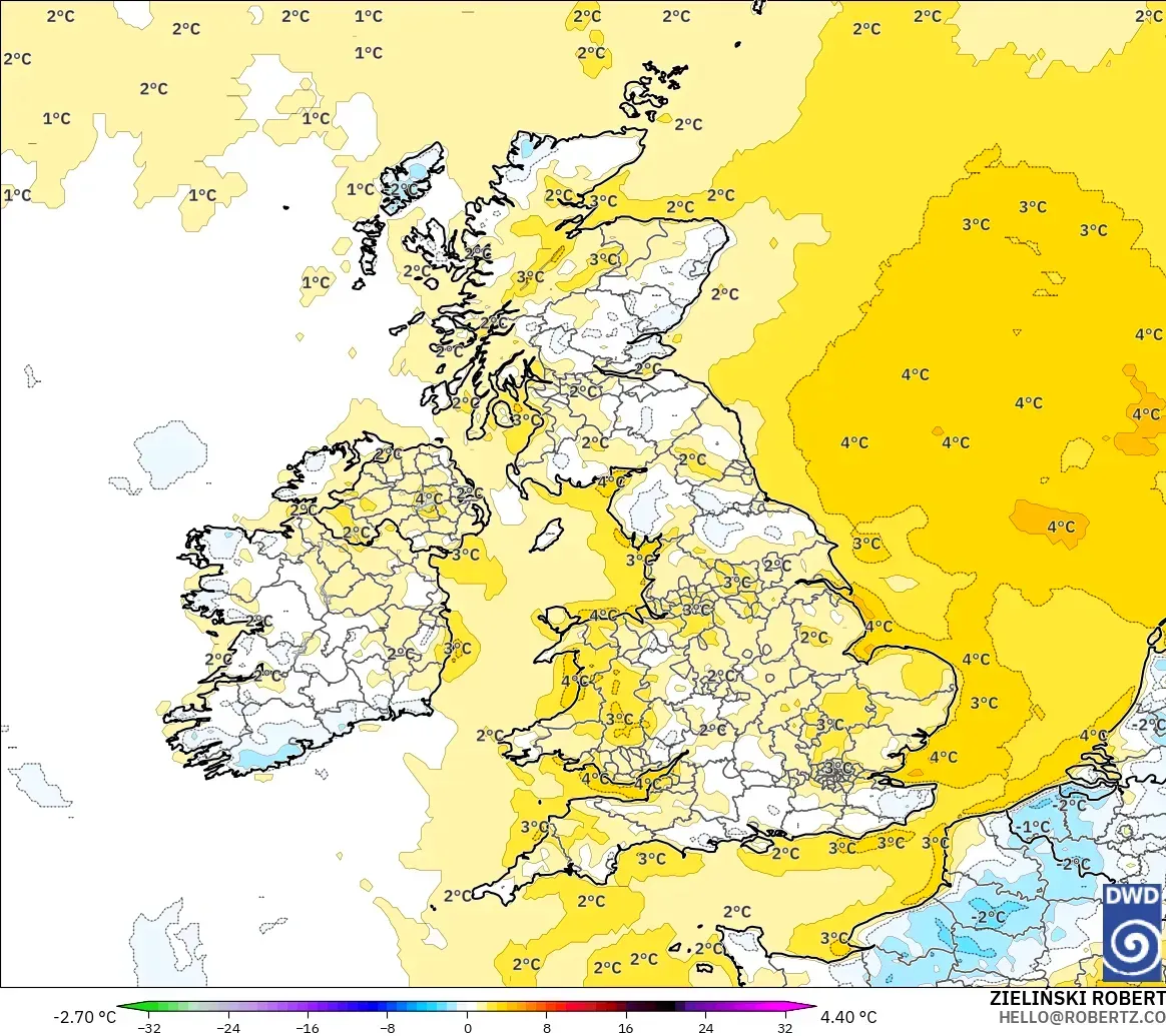 ICON model - United Kingdom, Temperature at 2m Anomaly