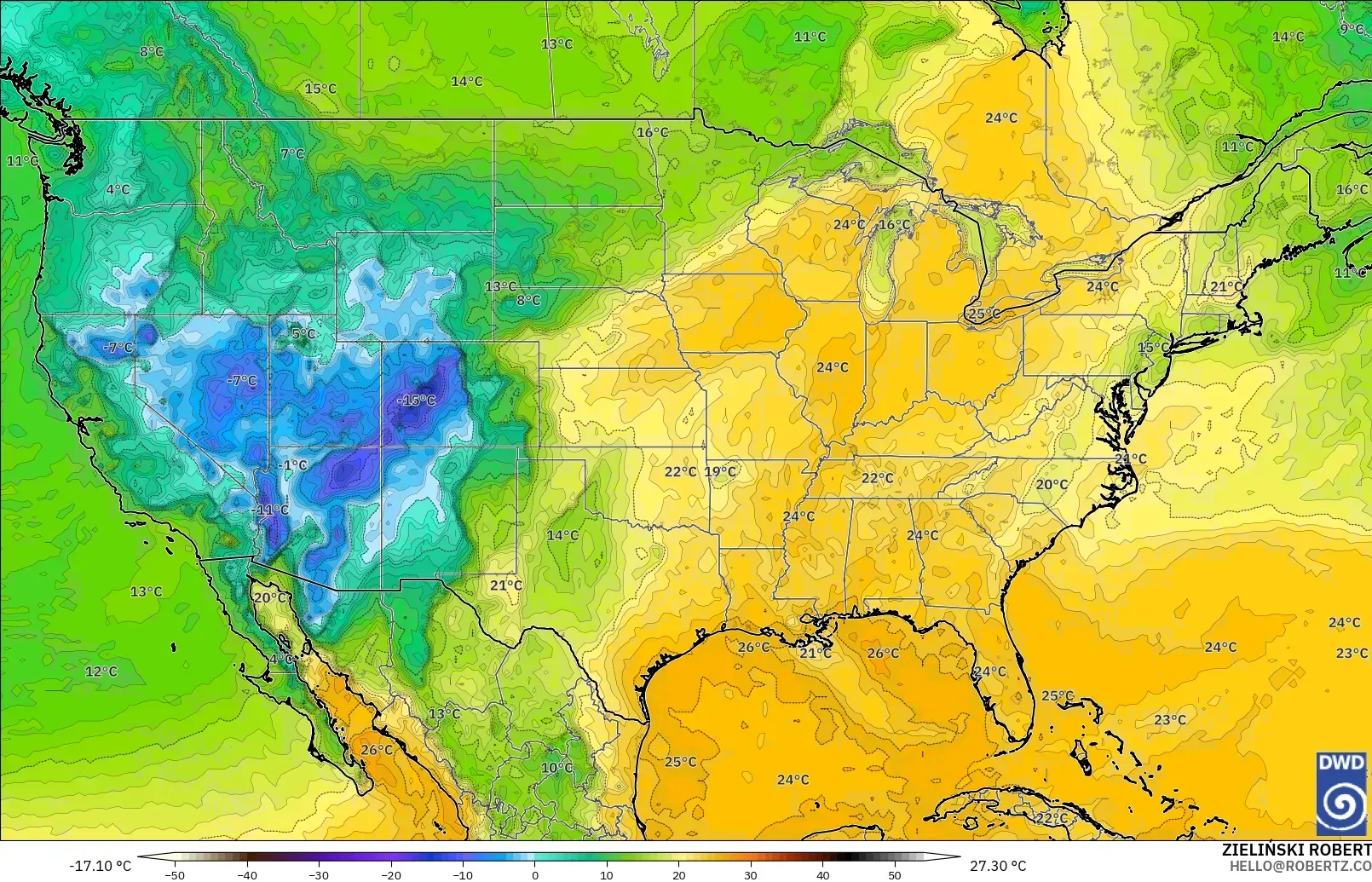 ICON model - United States, Dewpoint at 2m