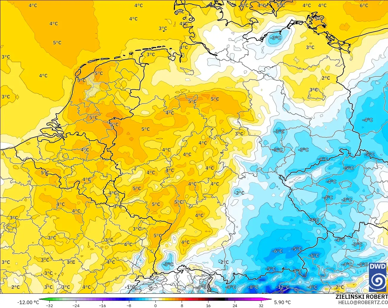 ICON model - Germany, Temperature at 2m Anomaly