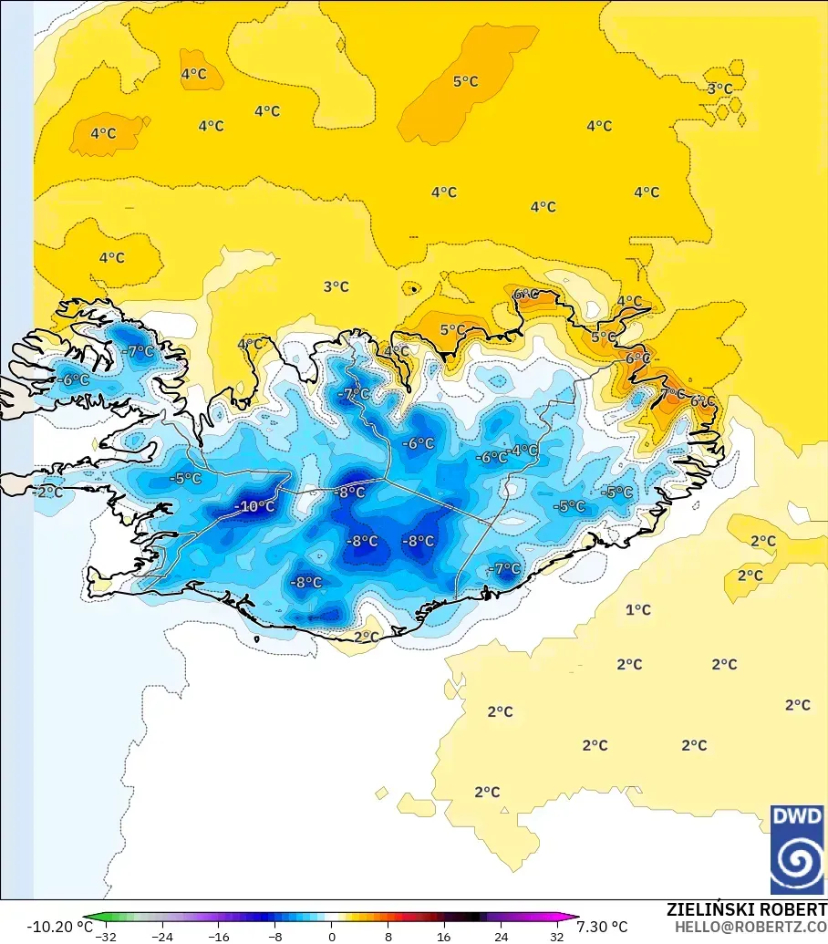 ICON model - Iceland, Temperature at 2m Anomaly