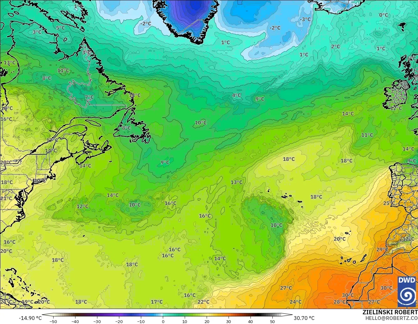 ICON model - North Atlantic, Temperature at 850hPa