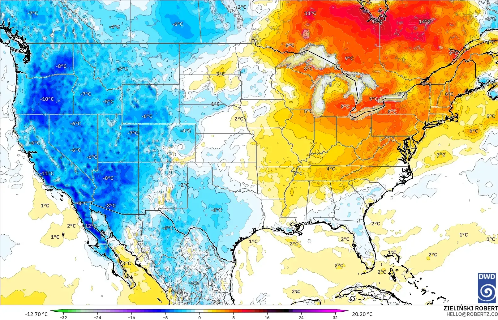 ICON model - United States, Temperature at 2m Anomaly