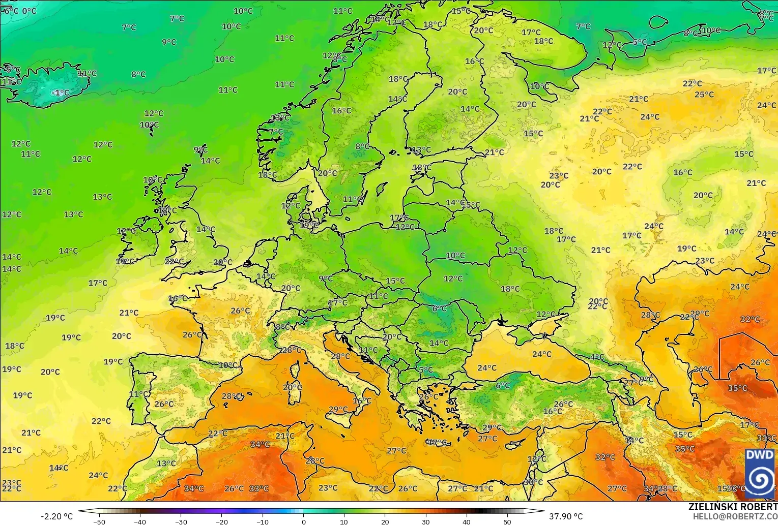 ICON model - Europe, Temperature at 2m