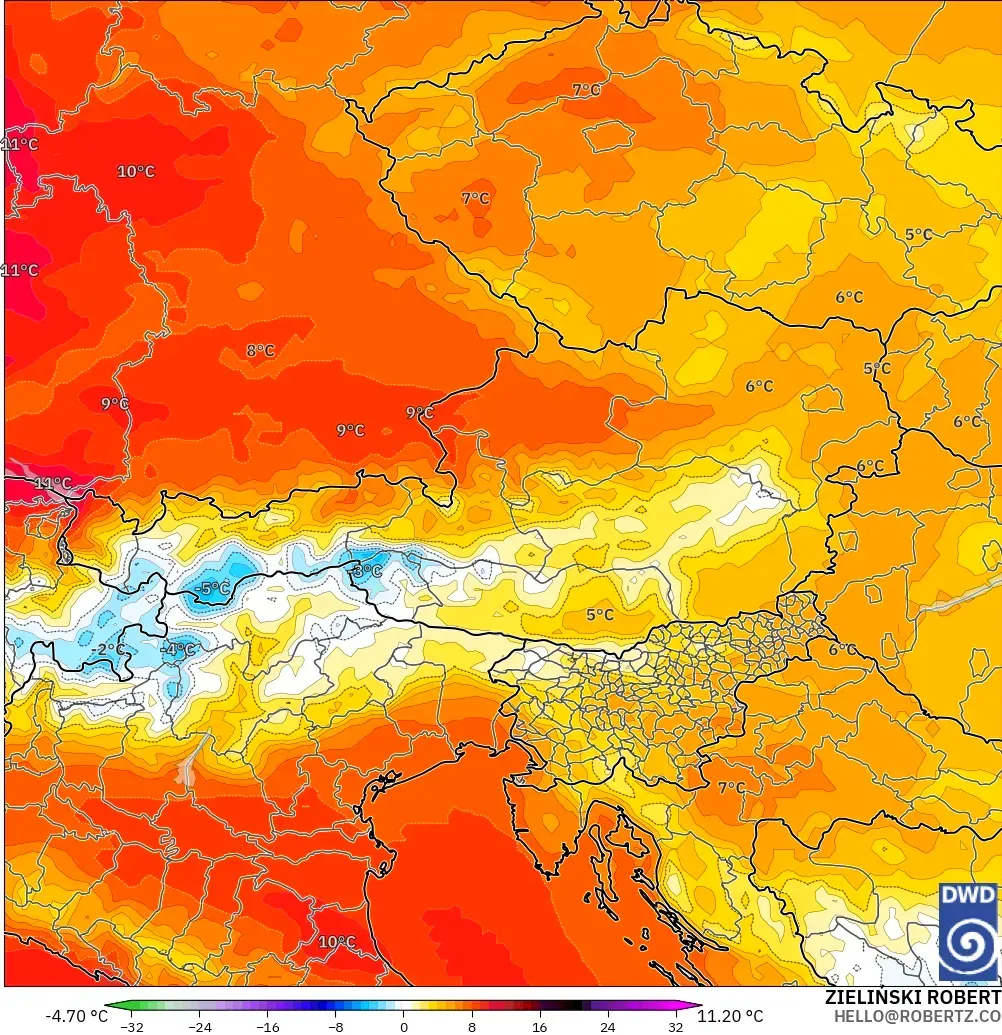 ICON model - Austria, Temperature at 850hPa Anomaly