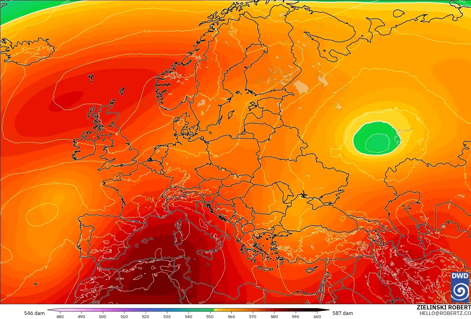 ICON model - Europe, Geopotential height at 500hPa