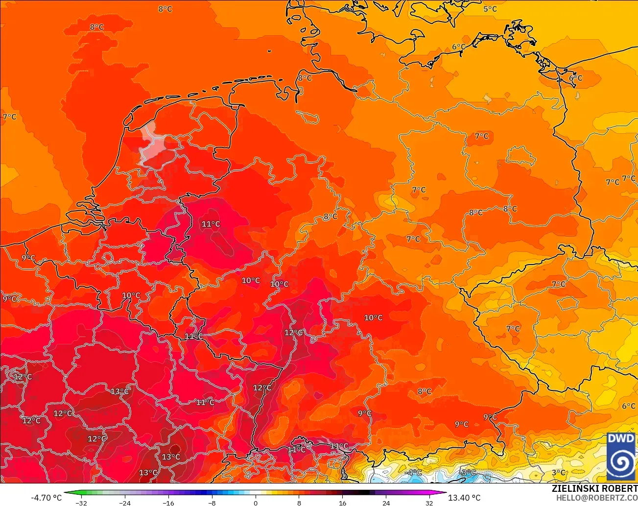 ICON model - Germany, Temperature at 850hPa Anomaly