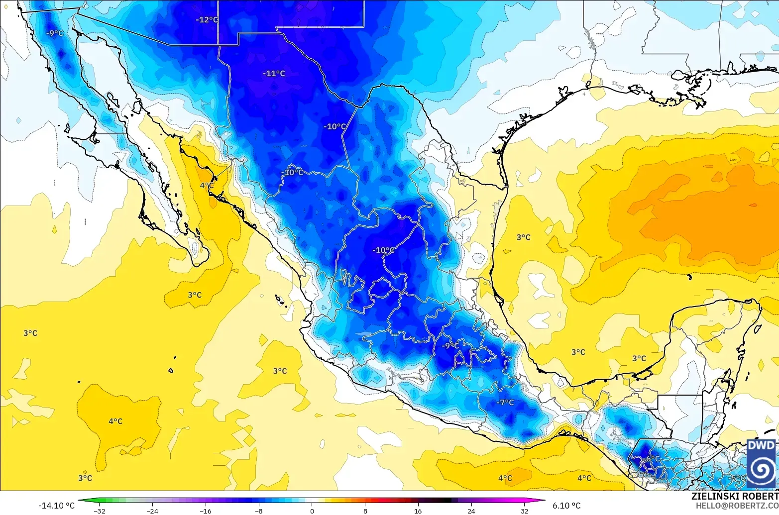 ICON model - Mexico, Temperature at 850hPa Anomaly