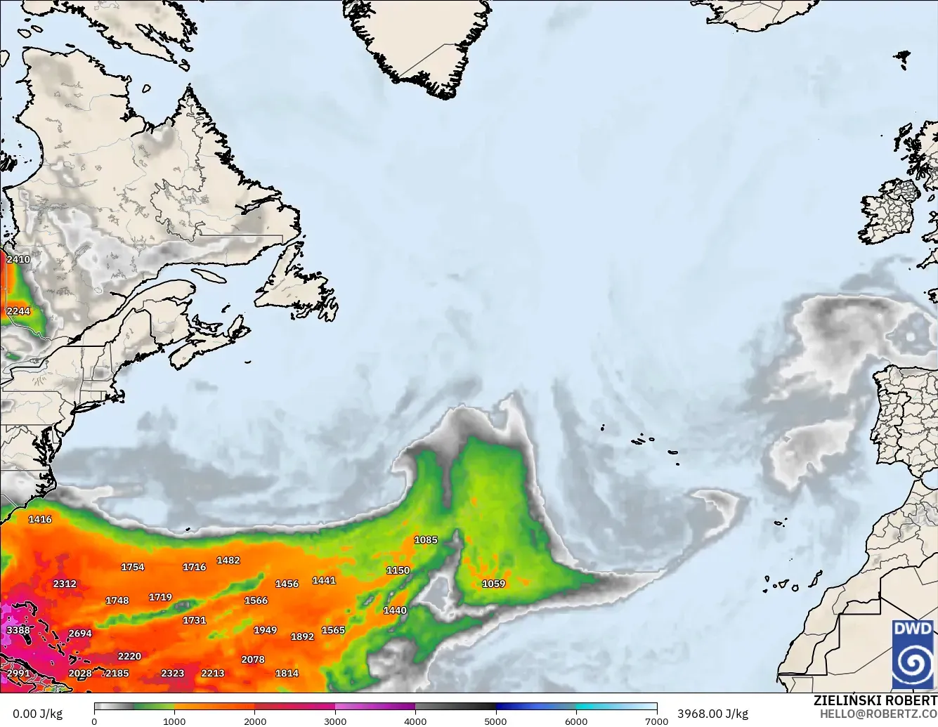 ICON model - North Atlantic, CAPE