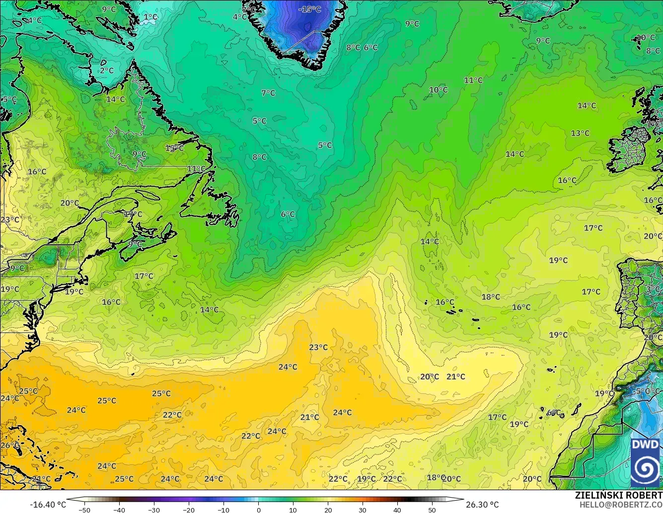ICON model - North Atlantic, Dewpoint at 2m