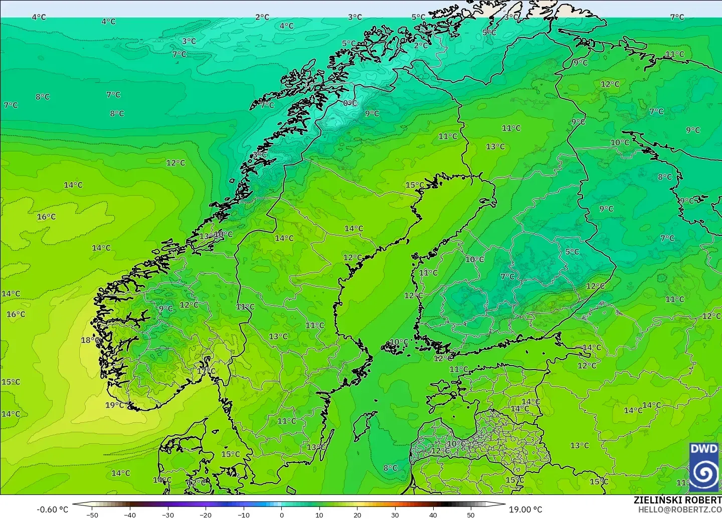 ICON model - Scandinavia, Temperature at 850hPa