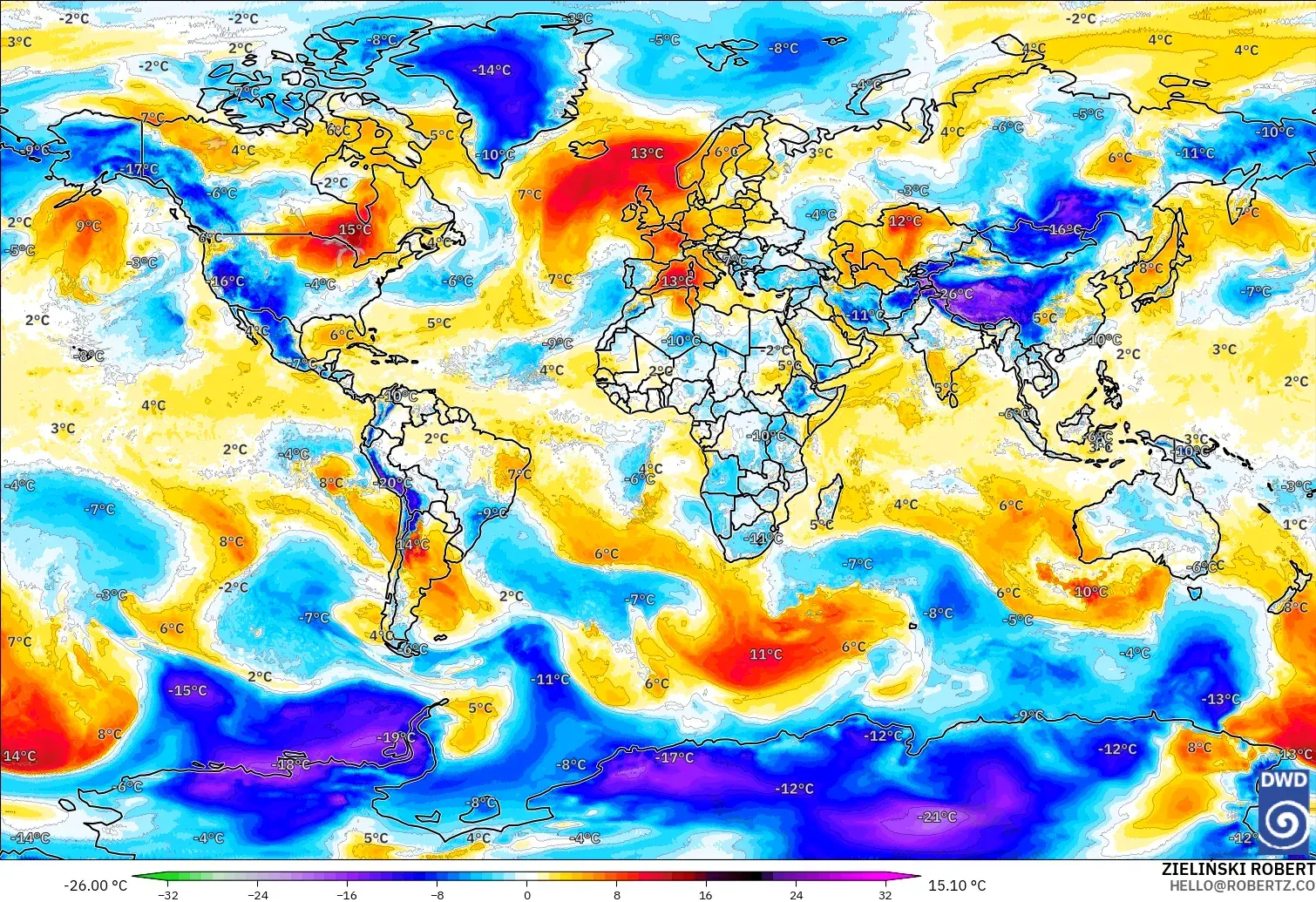 ICON model - World, Temperature at 850hPa Anomaly