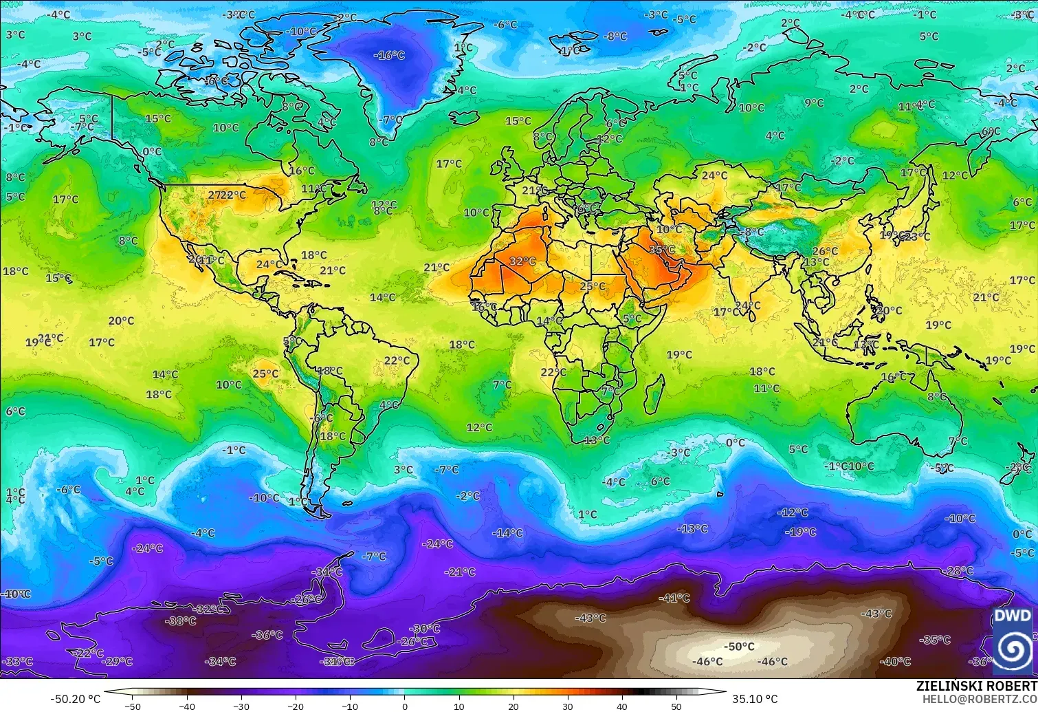 ICON model - World, Temperature at 850hPa