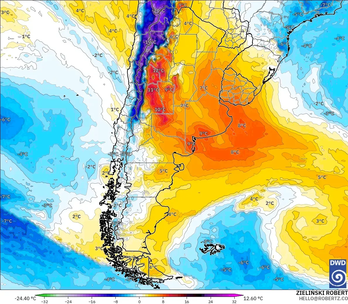 ICON model - Argentina, Temperature at 850hPa Anomaly
