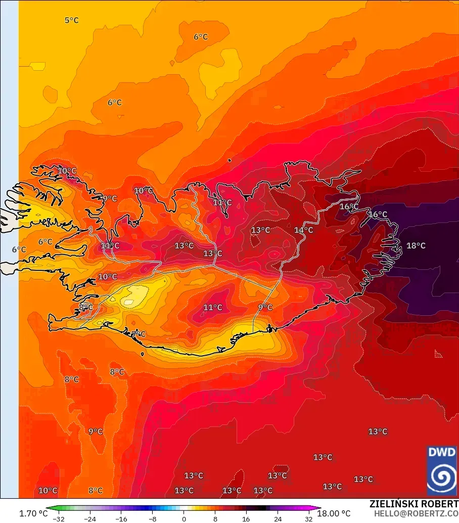 ICON model - Iceland, Temperature at 850hPa Anomaly