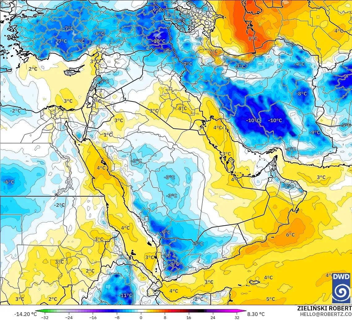 ICON model - Middle East, Temperature at 850hPa Anomaly