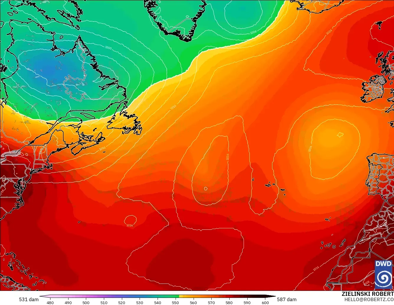ICON model - North Atlantic, Geopotential height at 500hPa
