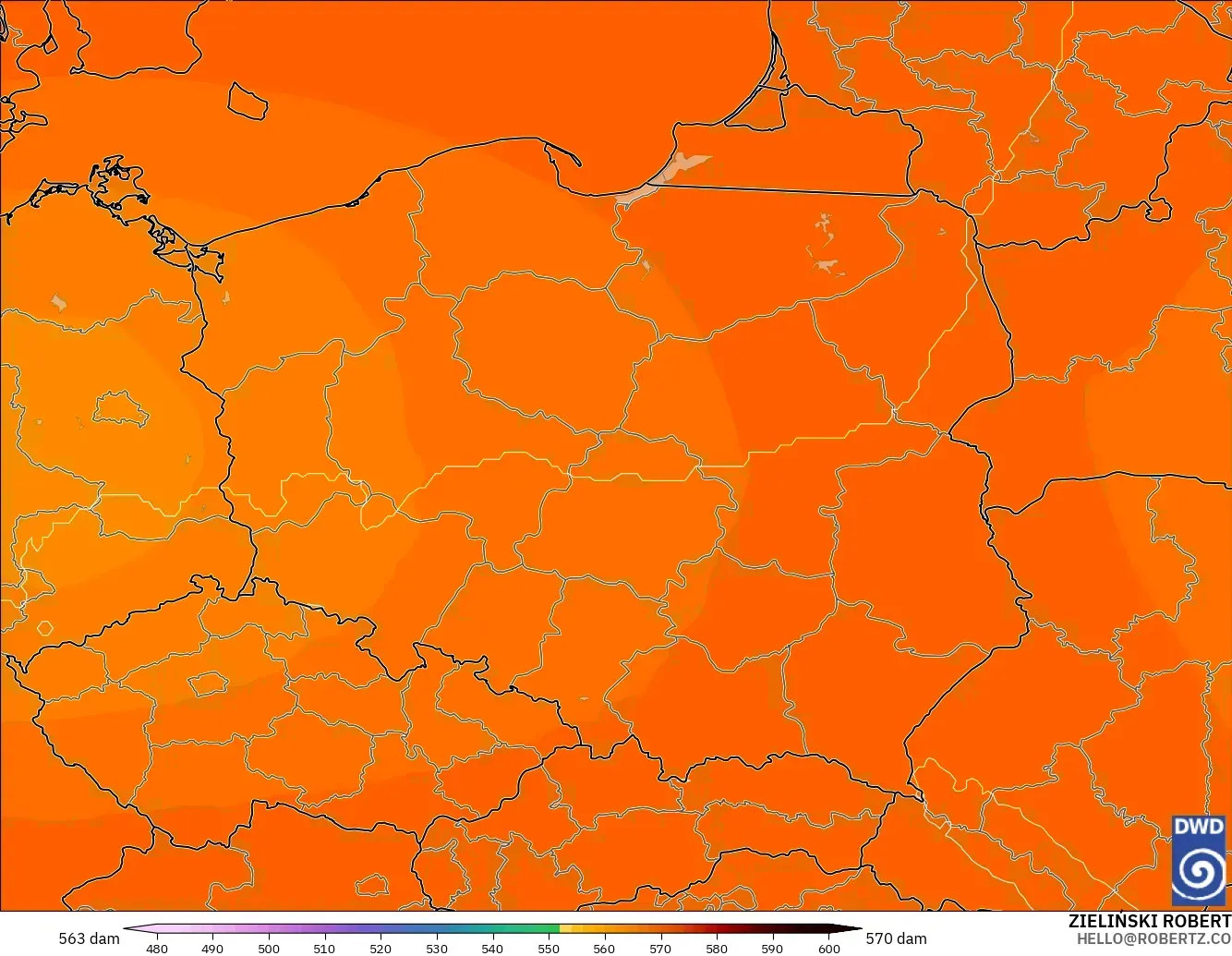 ICON model - Poland, Geopotential height at 500hPa