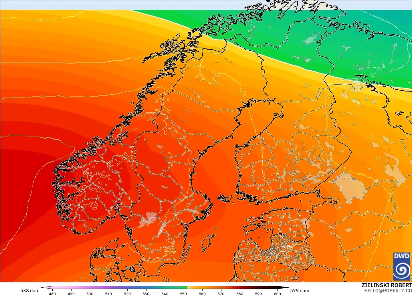 ICON model - Scandinavia, Geopotential height at 500hPa