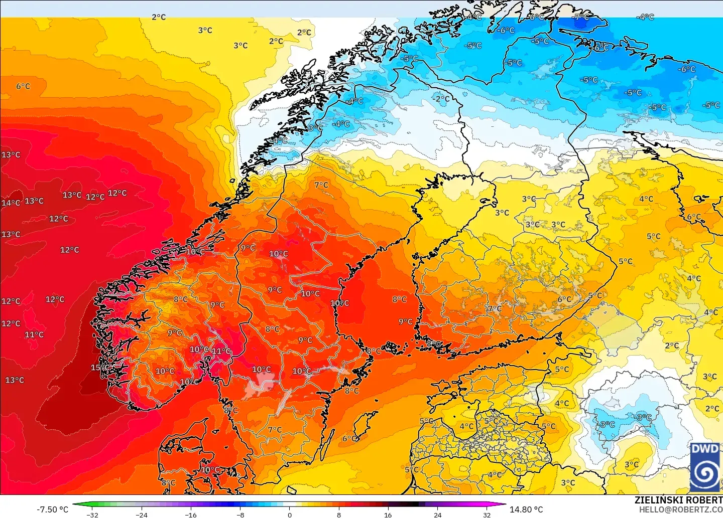 ICON model - Scandinavia, Temperature at 850hPa Anomaly